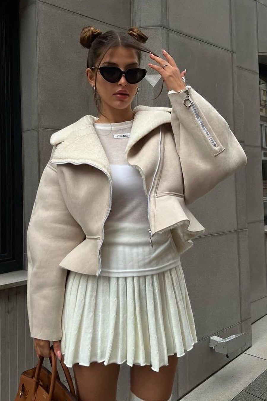 Odd Zip Leather Fur Pieced Coat 7
