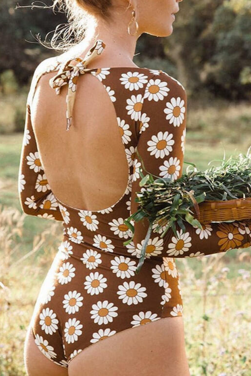 Active Daisy Low Back Long Sleeve High Neck Rash Guard One-piece Swimsuit - Fashionpara