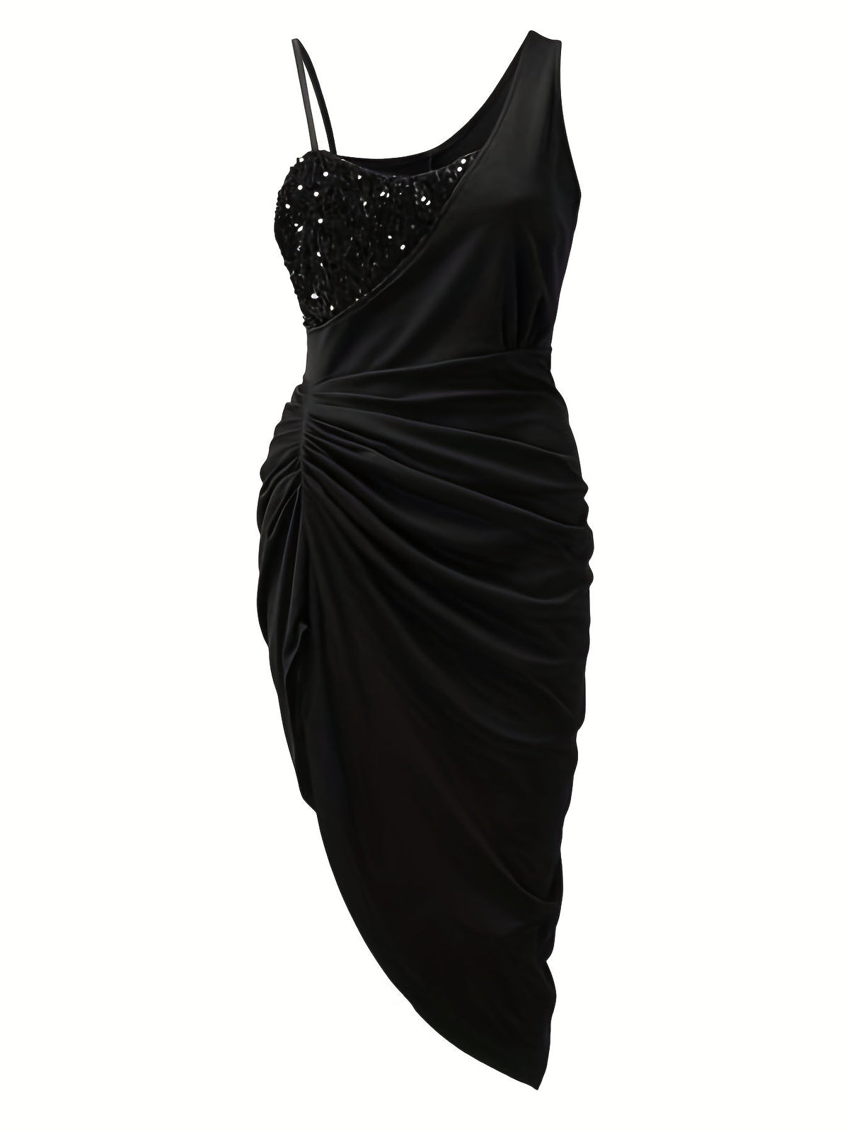 Sequin Panel One Shoulder Asymmetric Ruched Cocktail Midi Dress - View 2