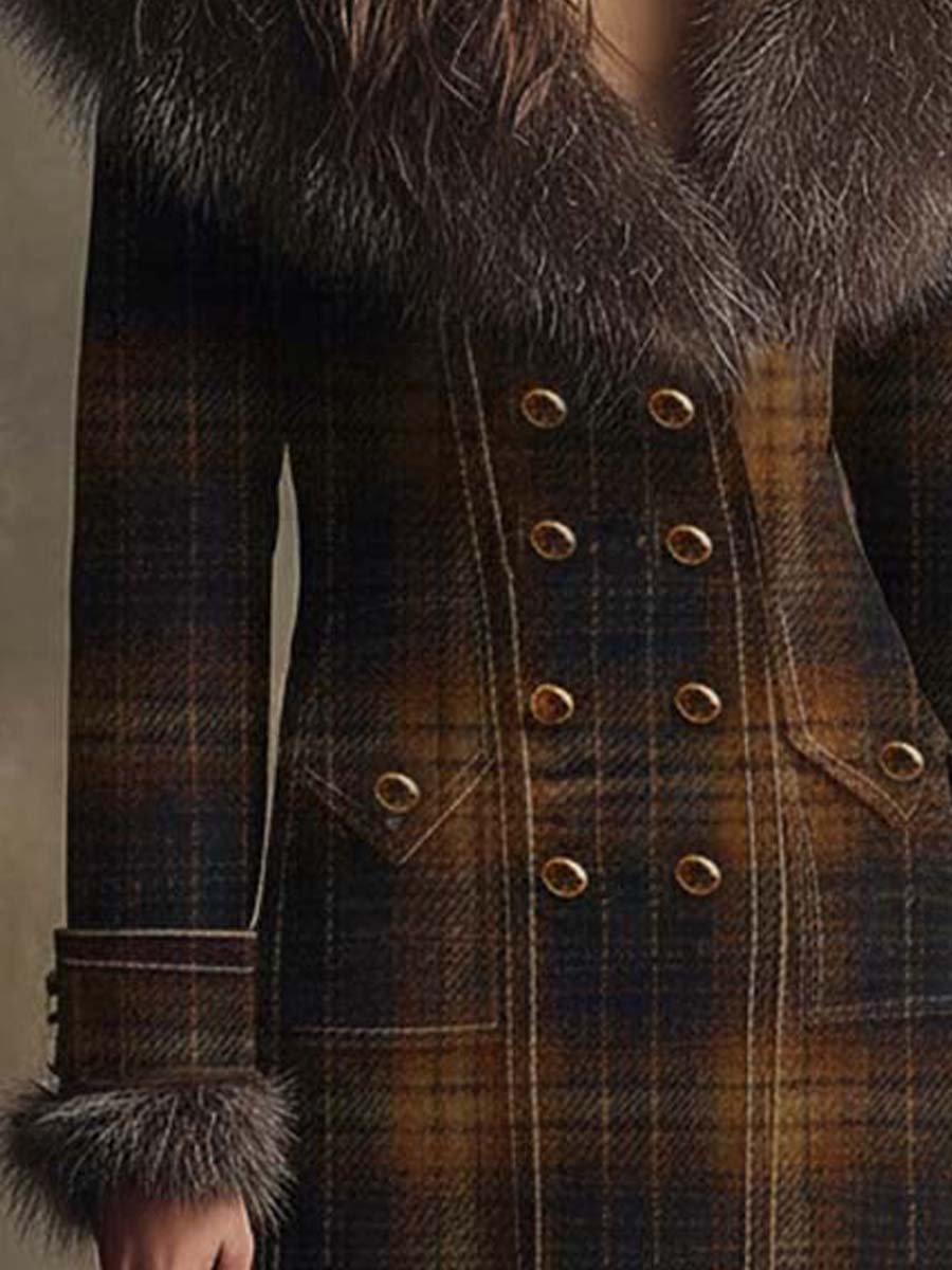 Vintage Plaid Wool-Blend Coat With Detachable Faux Fur Collar - Fashionpara