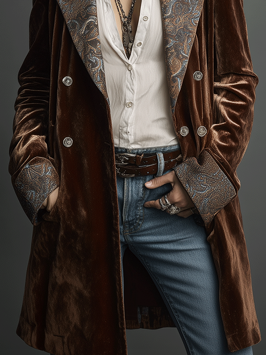 Bohe Chestnut Printed Velvet Long Coat - Fashionpara