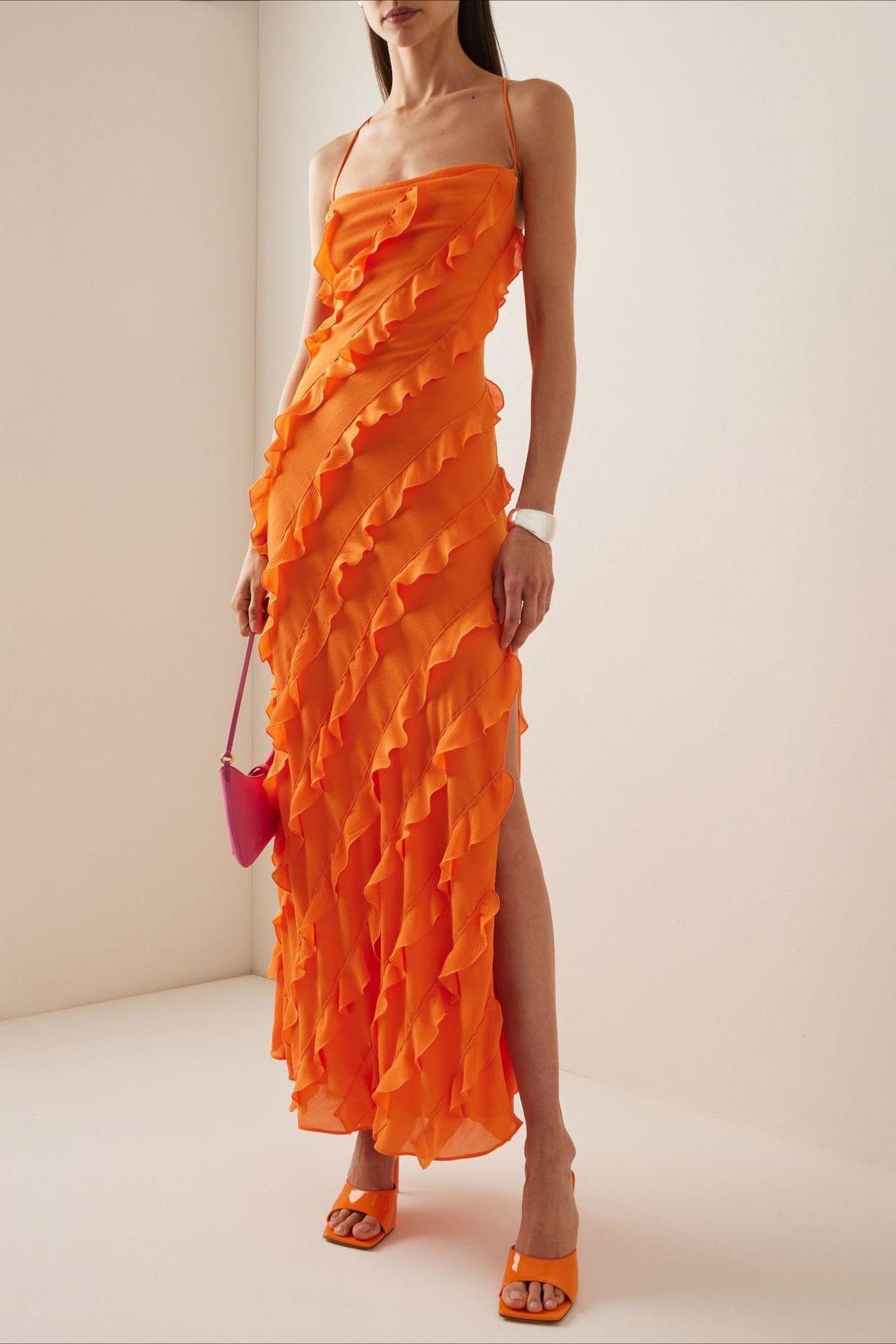 Chiffon Ruffle Spaghetti Strap Bias-Cut Maxi Dress