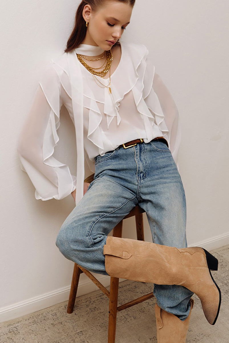 V Neck Ruffle Sleeve Blouse