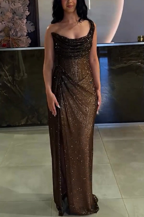 Sequin One Shoulder Ruched High Split Gown - View 3