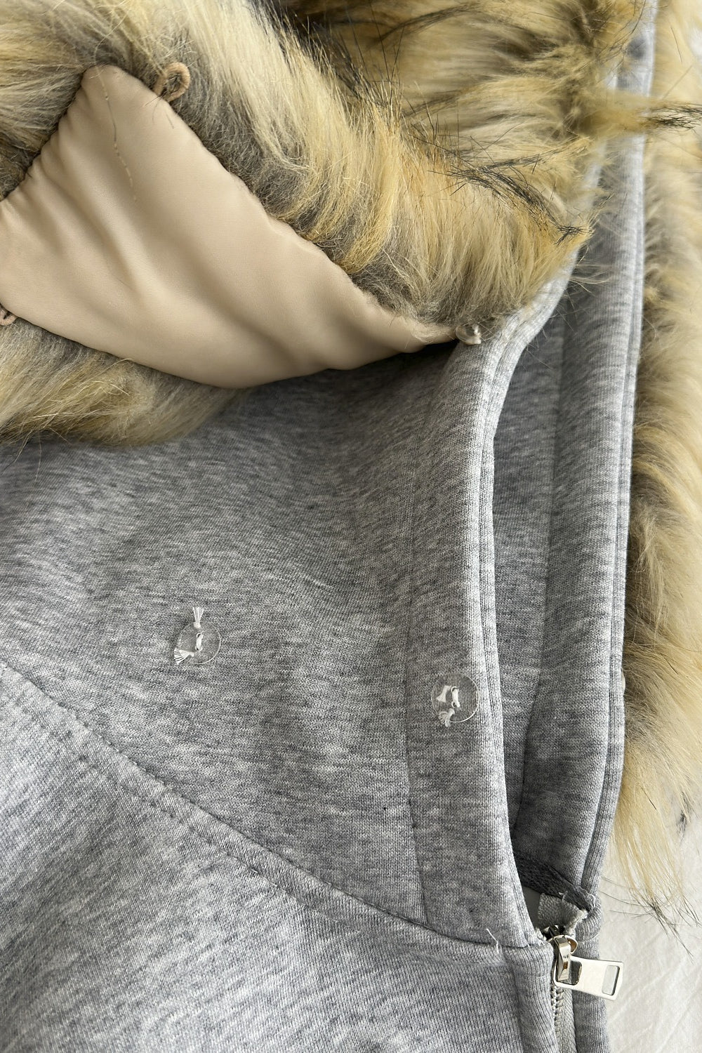 Vintage Gray Fur Collar Zip Hoodie - Fashionpara