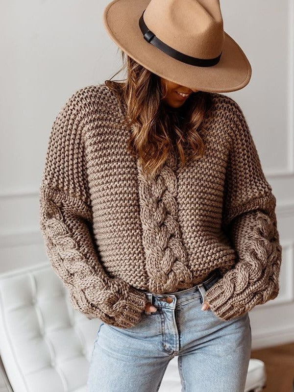 Casual Solid Color V-neck Cable Knit Sweater 3