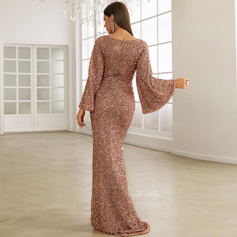 Shimmering Trumpet Sleeves Sequin Dress - Fashionpara