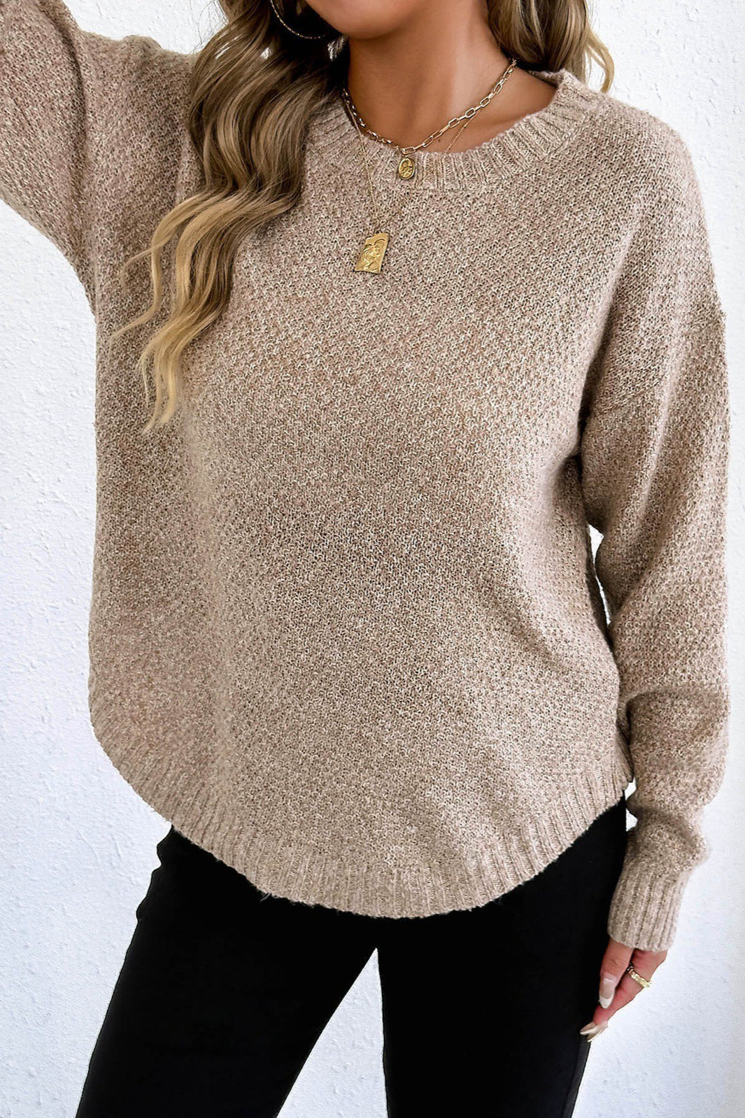 Textured Crew Neck Longline Sweater