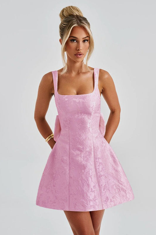 Jacquard Square-Neck Bow-Back Fit-and-Flare Mini Dress
