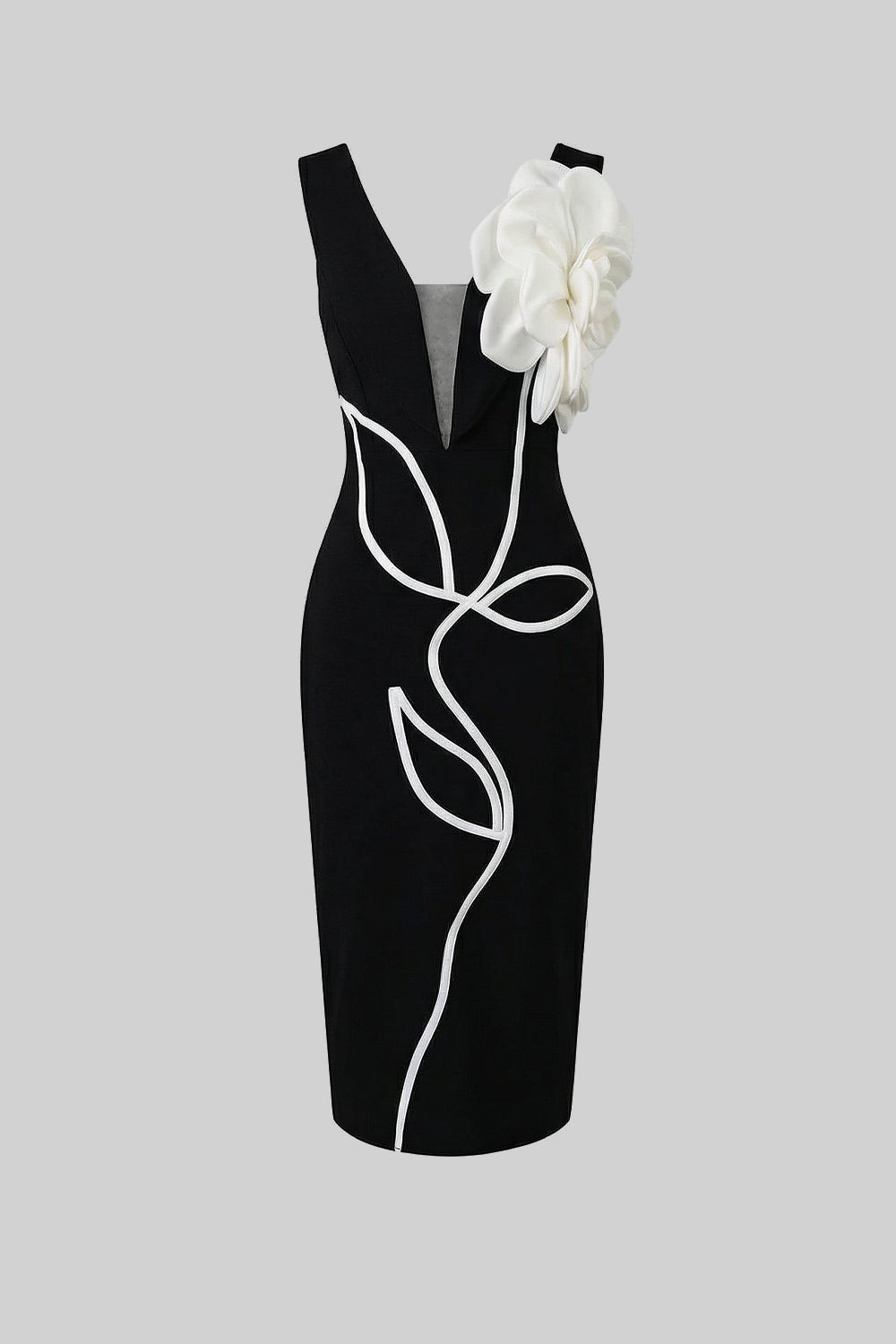 Structured Midi Dress with Sculpted Floral Accent – Black - View 2