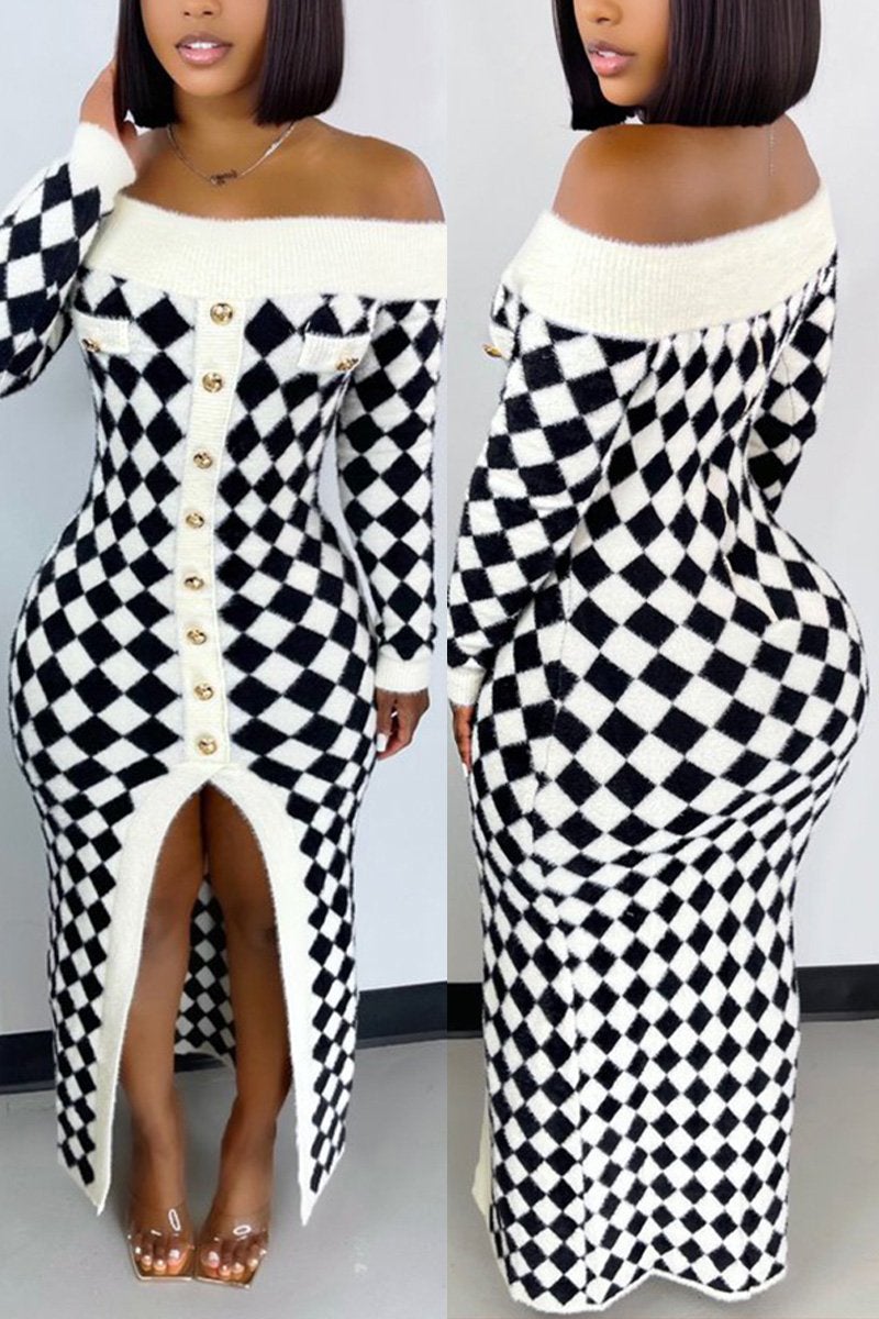 Plus Size Sexy Off Shoulder Split Joint Plaid Sweater Midi Dress Fashionpara