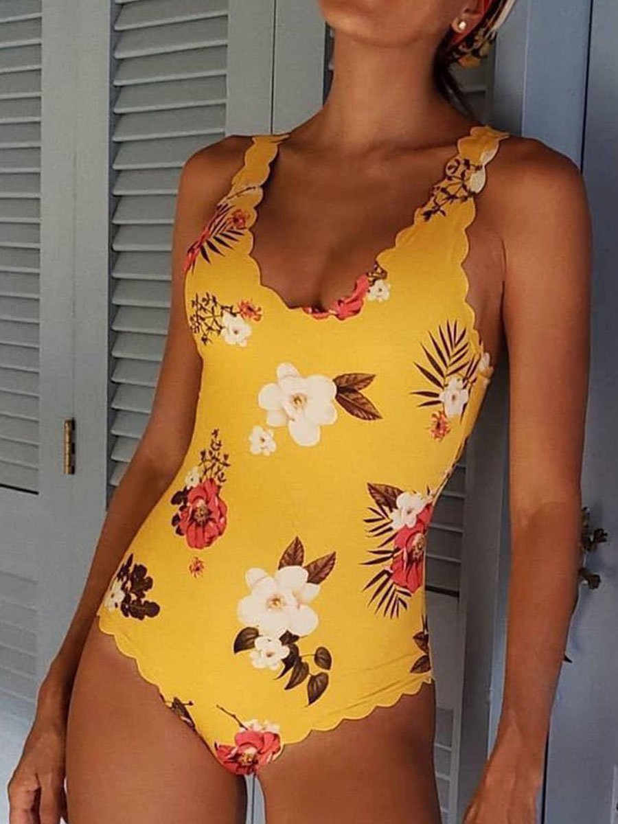 Flounce Design Floral Print Yellow One-piece Swimsuit - Fashionpara