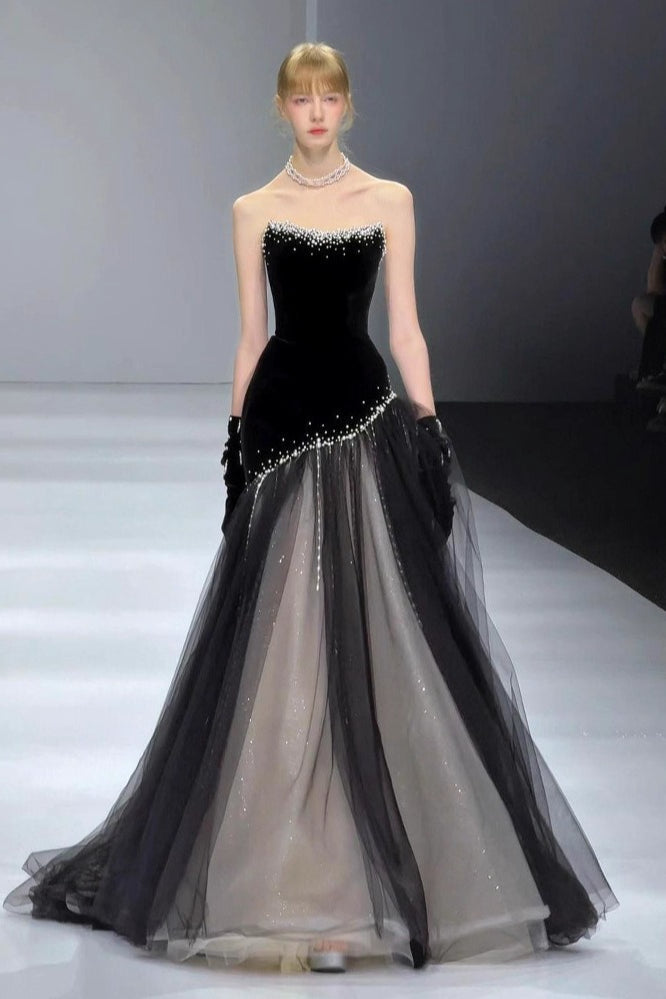 Velvet Strapless Beaded Tulle Mermaid Prom Dress