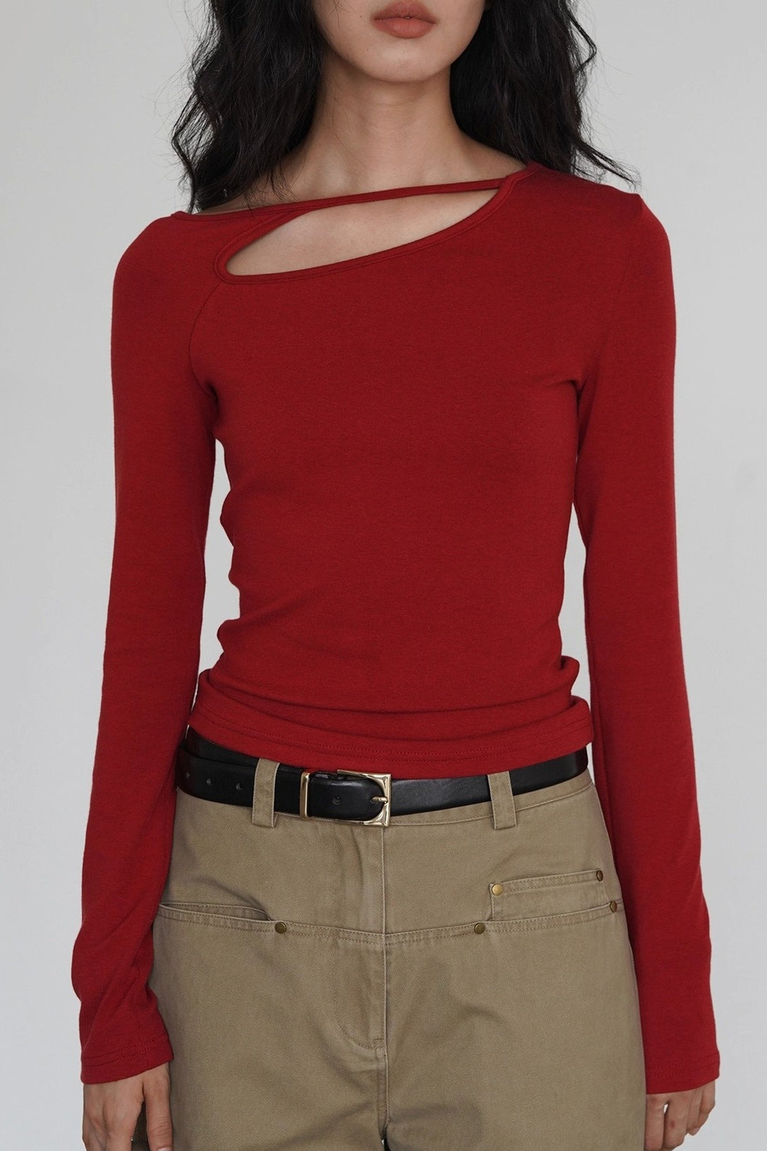 Asymmetric Cutout Slim Knit Top