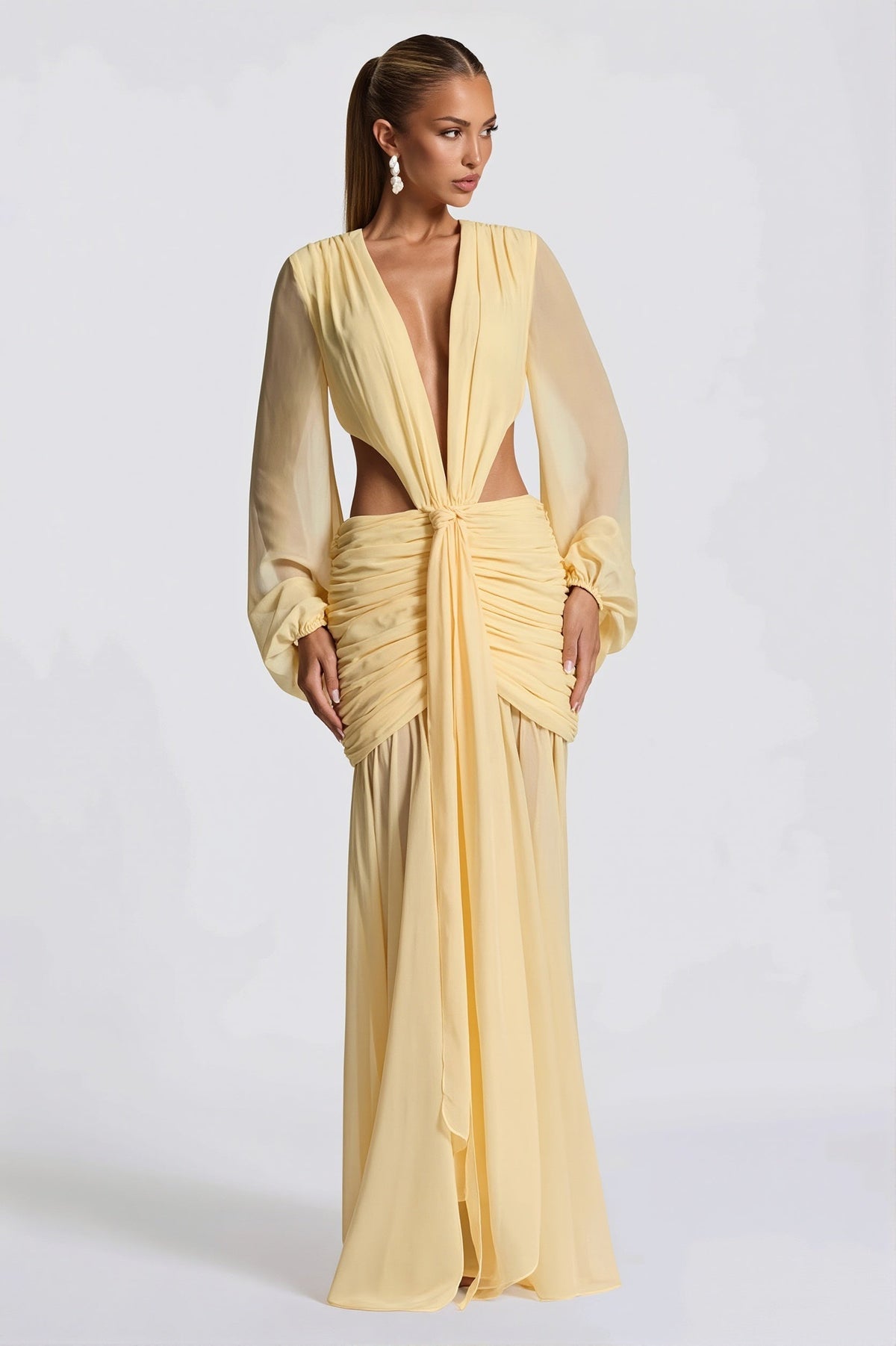 Chiffon Deep V-Neck Long Sleeve Cut Out Gown