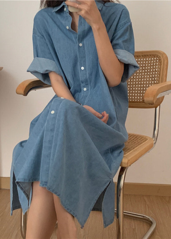Denim Button Down Shirt Collar Short Sleeve Midi Shirt Dress