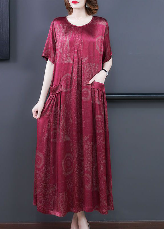 Jacquard Damask Print Round Neck Pocket Short Sleeve Loose Maxi Dress - View 4