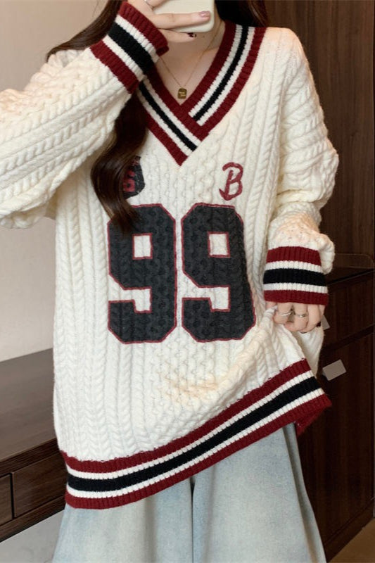 Contrast V-Neck Plus Size Sweater