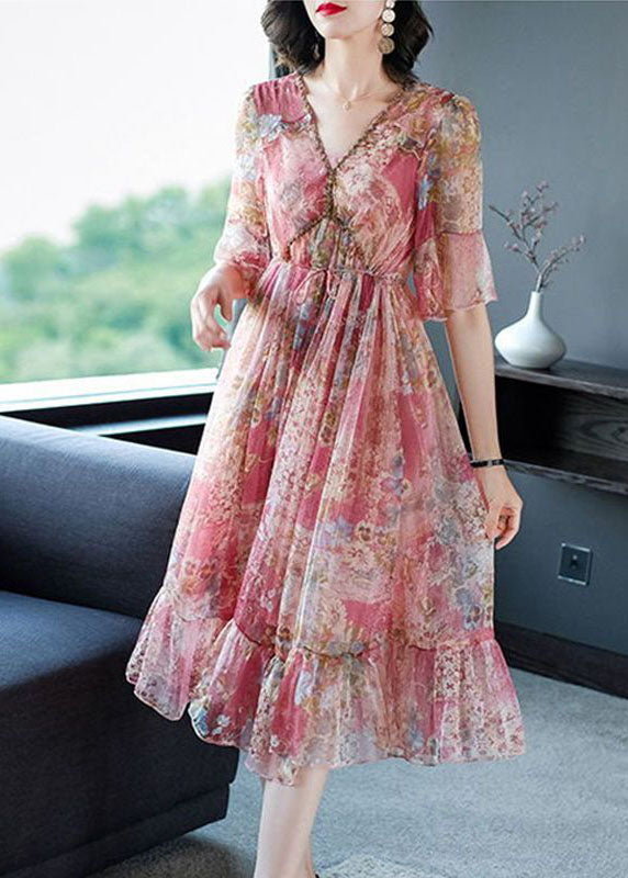 Floral Print Deep V-Neck Flutter Sleeve Drawstring Tiered Midi Dress