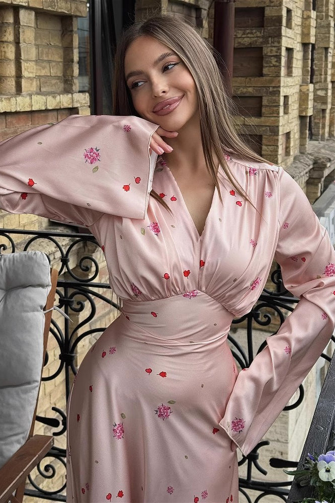 Floral Satin V-Neck Long Sleeve Maxi Gown