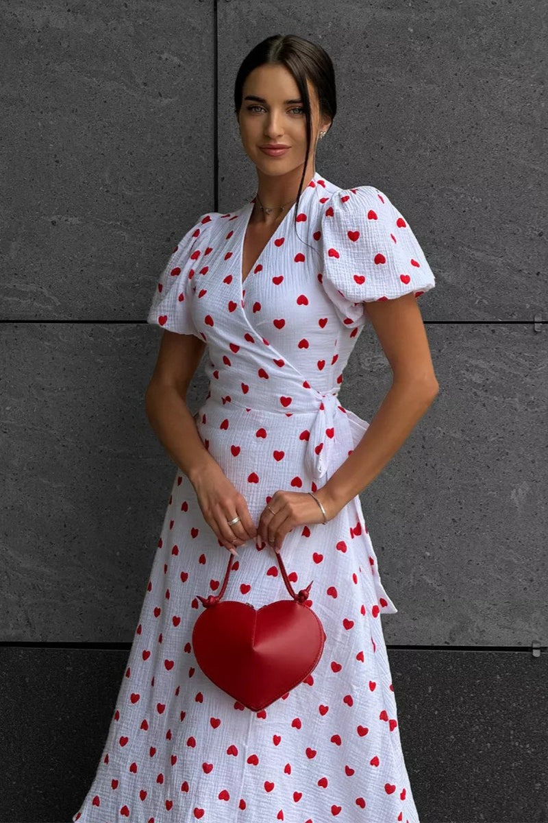 Heart Print V-Neck Puff Sleeve Wrap Maxi Dress