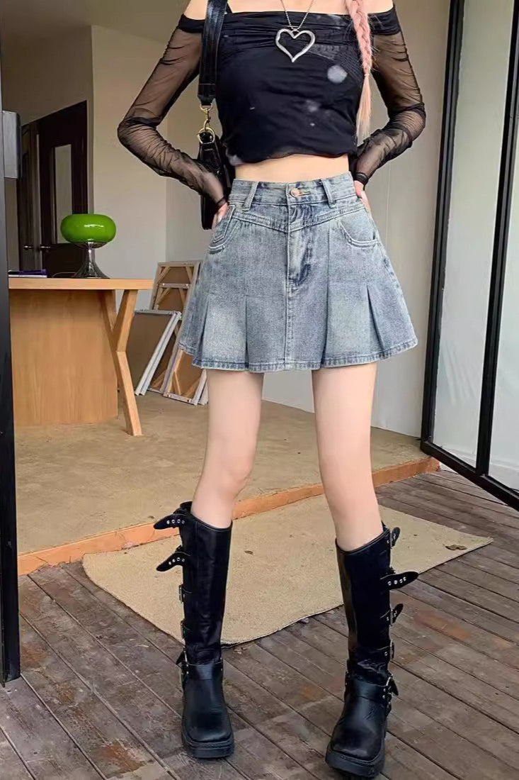 High-Waist Pleated Denim Mini Skort