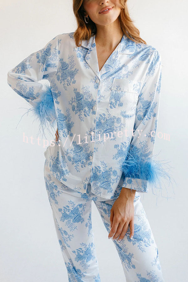 Sweet Daydreamer Floral Printed Feather Trim Elastic Waist Pocketed Pajama Set - Fashionpara