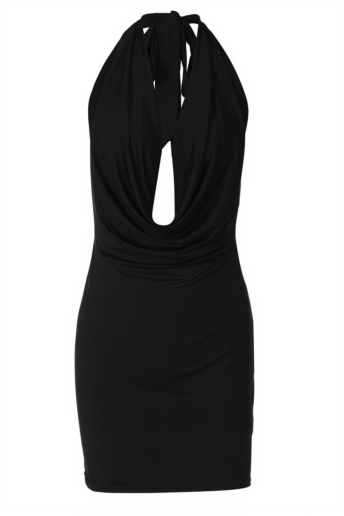 Halter Cowl Neck Plunge Ruched Bodycon Mini Dress