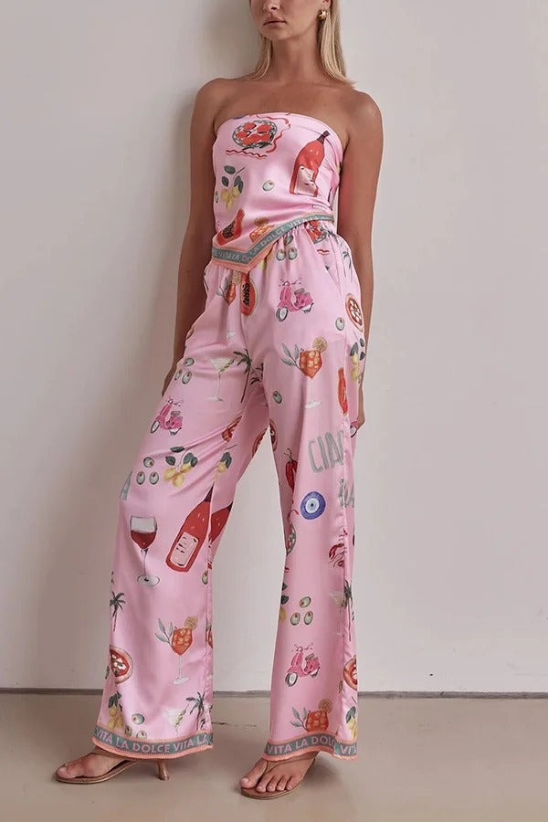 Linen Blend Unique Printed Bandeau Top and Elastic Waist Pocket Pants Set - Fashionpara