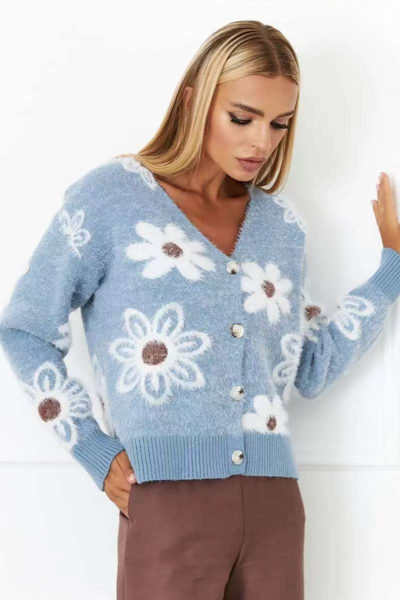 Floral V-Neck Knit Cardigan with Long Sleeves for Elegance