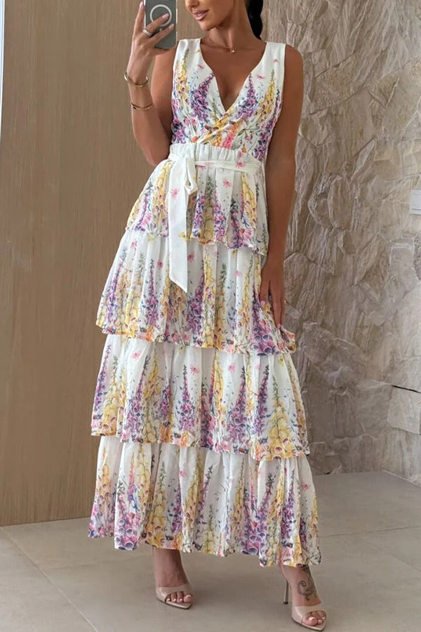 Sunny Views Lavender Print V-neck Tie-up Tiered Maxi Dress - Fashionpara