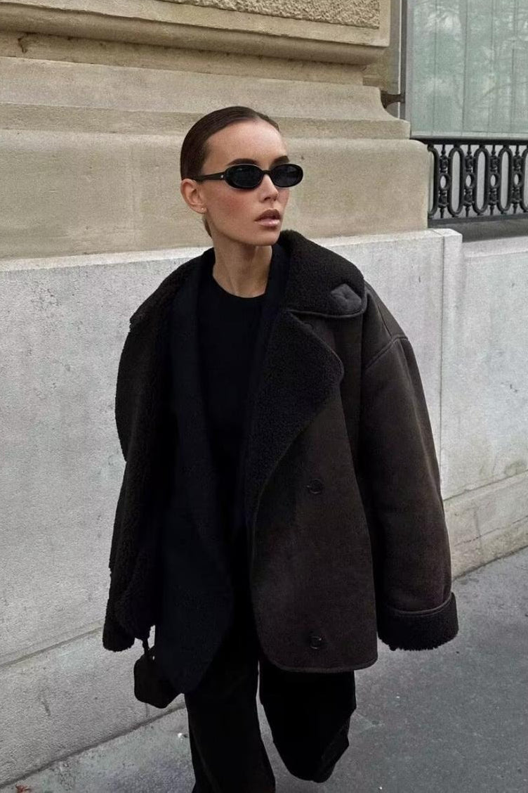 Oversized Shearling Collar Faux Suede Jacket 3