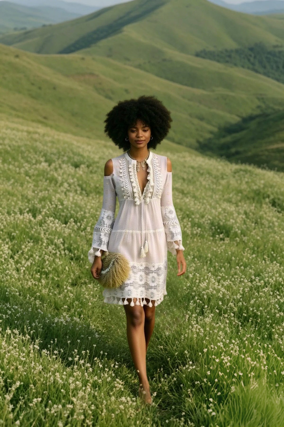 Crochet Trim V-Neck Bell Sleeve Tiered Maxi Dress 5