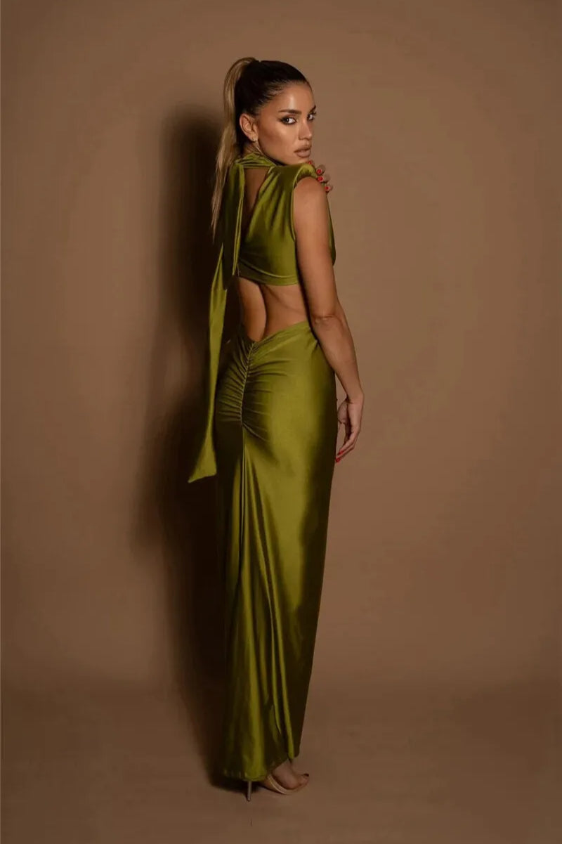 High Neck Sleeveless Twist Front Cutout Bodycon Dress