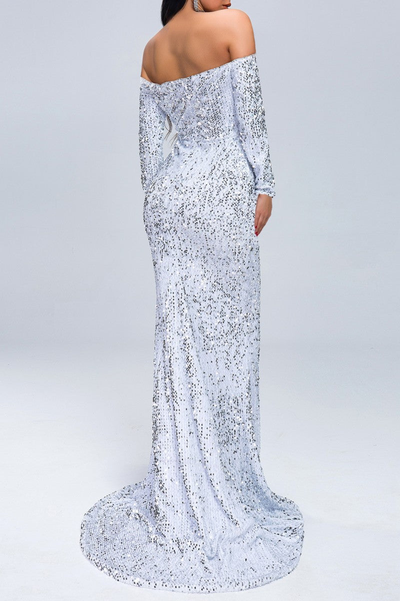 Sexy Formal Solid Hollowed Out Patchwork Off the Shoulder Evening Dress Dresses - Fashionpara