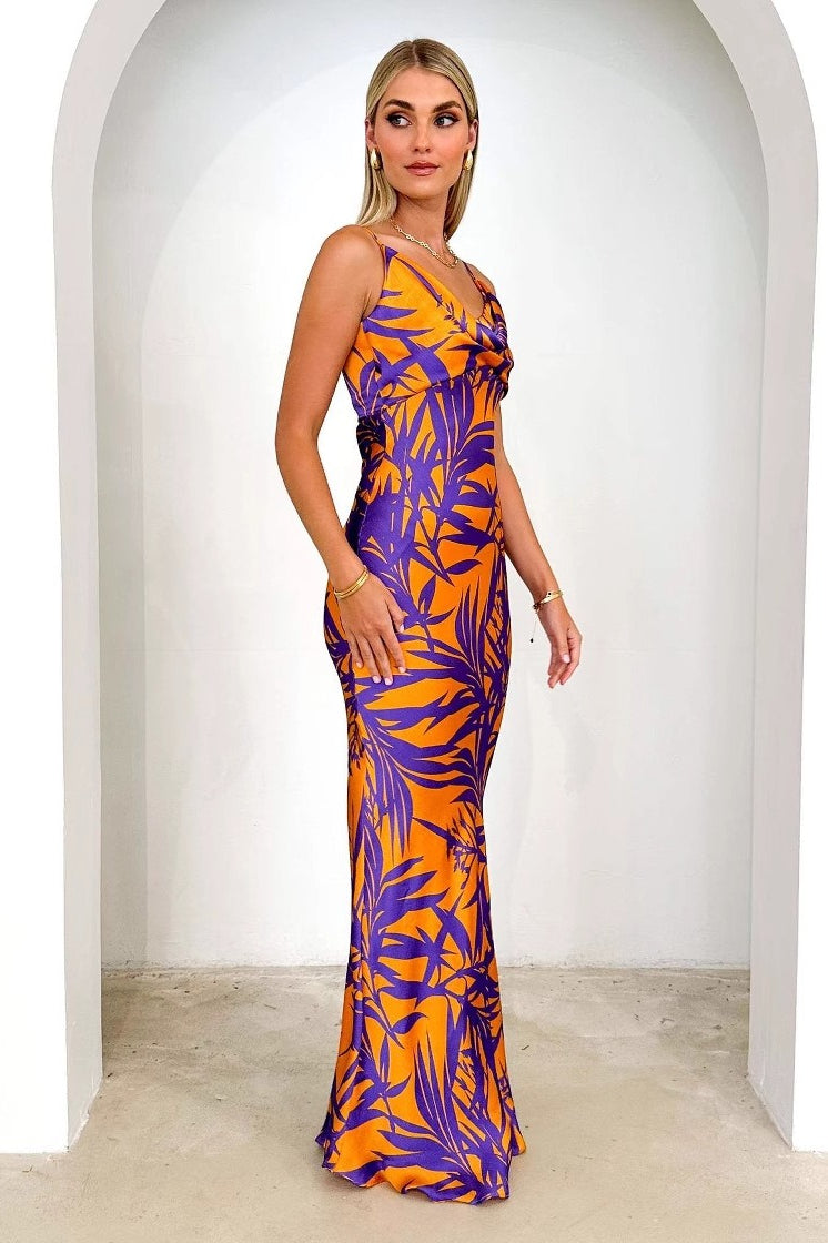 Sexy Purple Floral Print V-neck Slim Maxi Dress