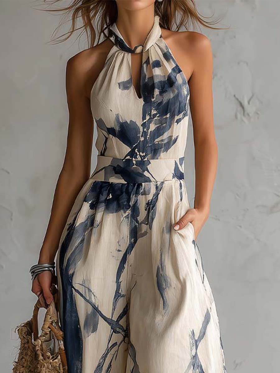Ink Print Halter Neck Wide Leg Jumpsuit 5