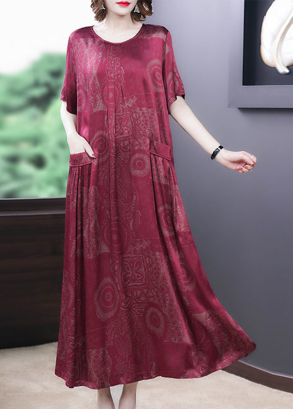 Jacquard Damask Print Round Neck Pocket Short Sleeve Loose Maxi Dress - View 3