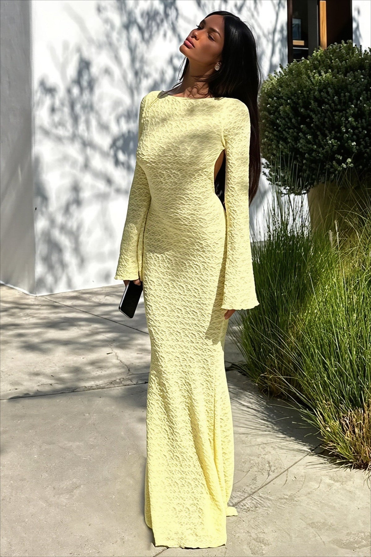Textured Open Back Long Sleeve Fishtail Maxi Dress