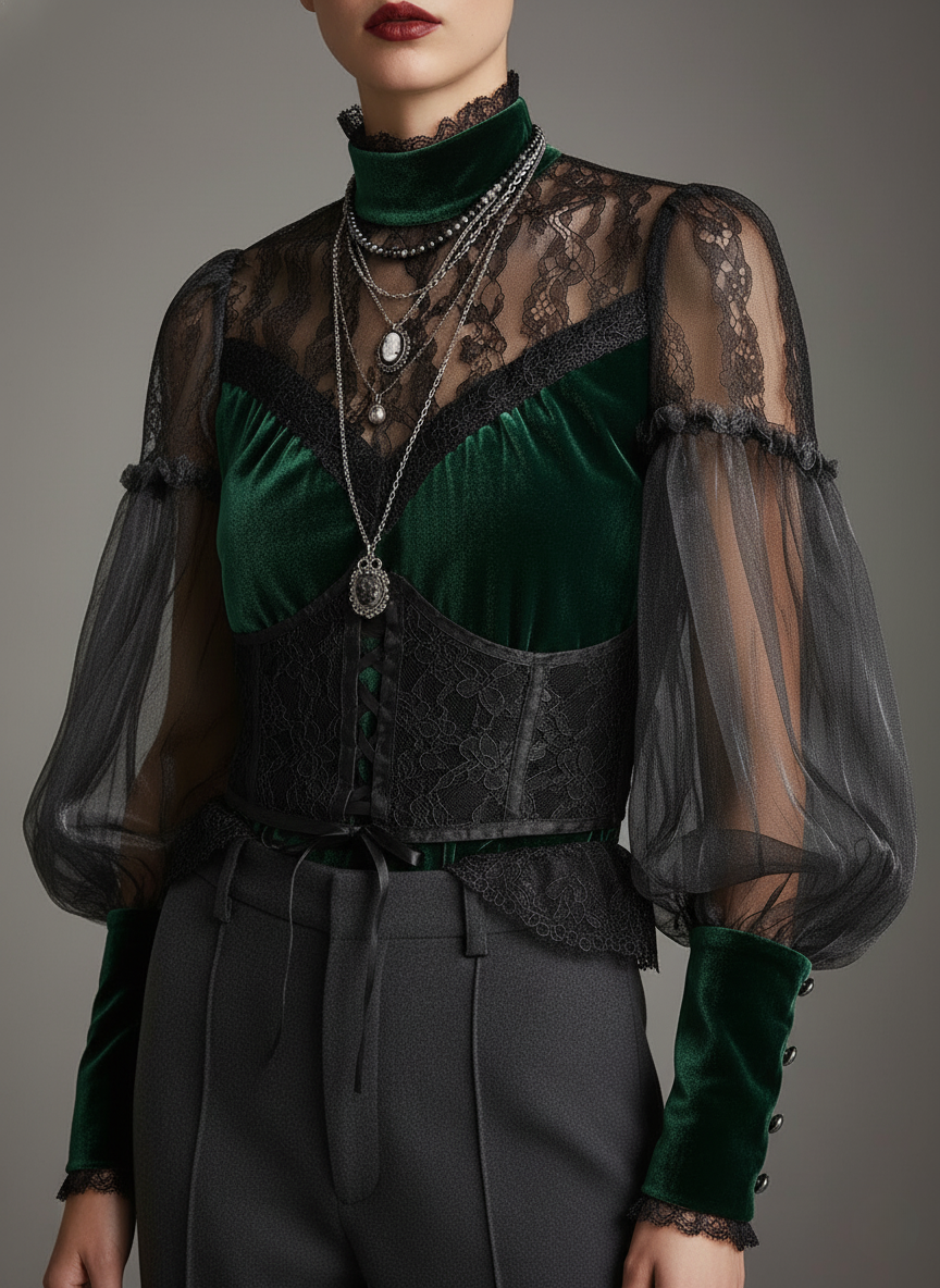 Emerald Velvet & Sheer Lace Corset Blouse - Fashionpara