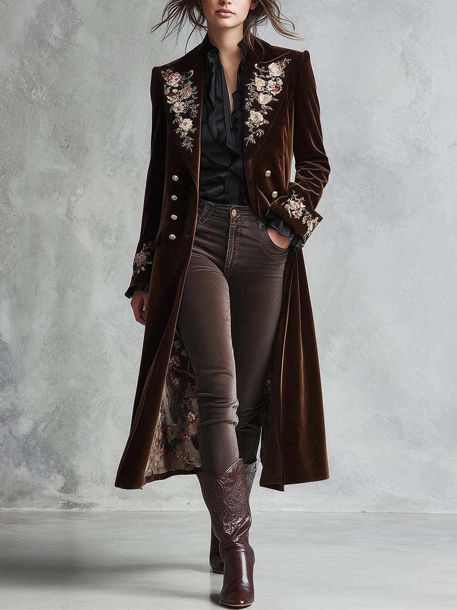 Chocolate Velvet Embroidered Long Coat With Gold Buttons