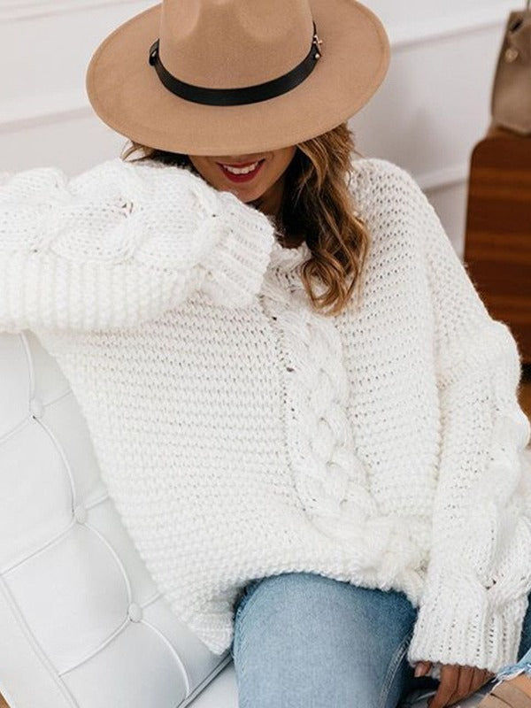 Casual Solid Color V-neck Cable Knit Sweater 5