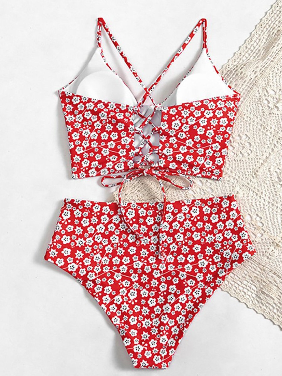 Floral Print Red Two Pieces Swimsuit - Fashionpara