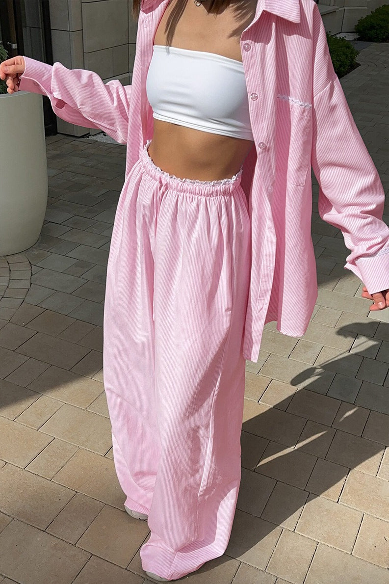 Striped Button Shirt Tie Waist Pants Set