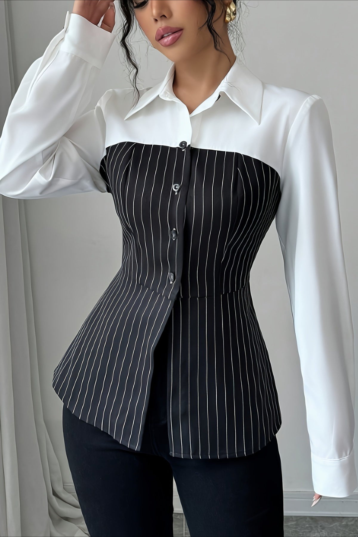 Striped Patchwork Button Blouse