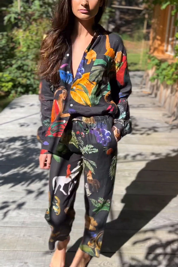 Unique Print Lapel Long Sleeve Loose Shirt and Elastic Waist Pocket Wide Leg Pants Set - Fashionpara