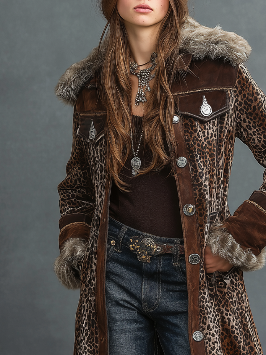 Vintage Leopard Print Polyester Velvet Suede Eco-friendly Fur Collar Coat - Fashionpara