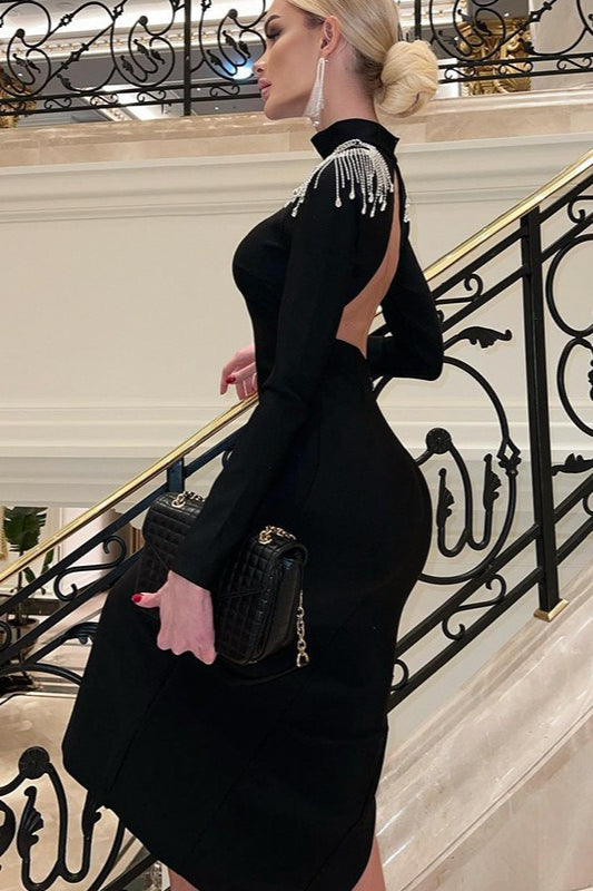 Elegant Mock Neck Long Sleeve Solid High Waist Rhinestone Split Formal Dress