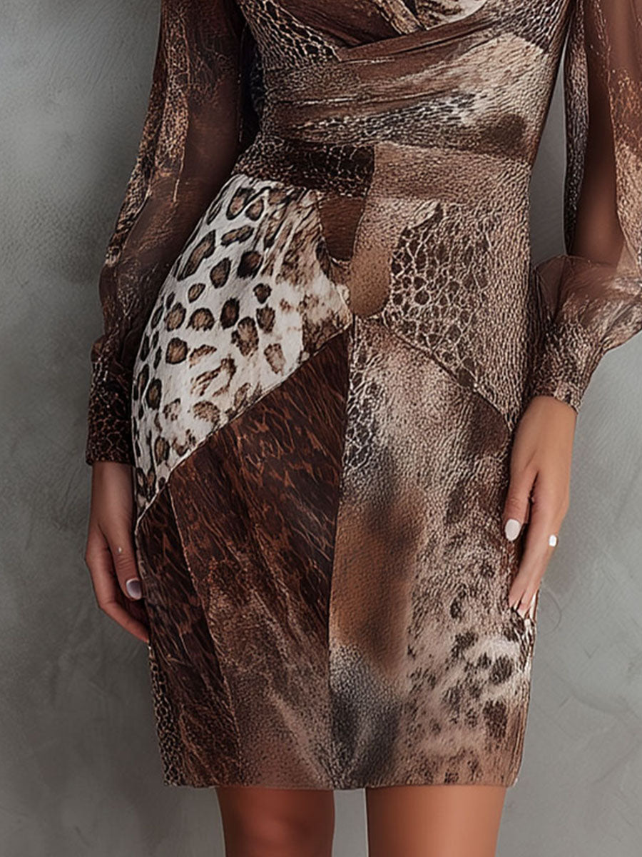 Wild Chic Patchwork Animal Print Sheer Long Sleeve Dress - Fashionpara
