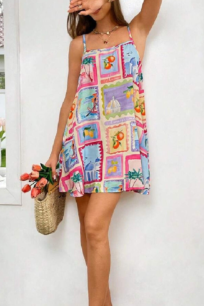 Tropical Print Square Neck Sleeveless Swing Mini Dress